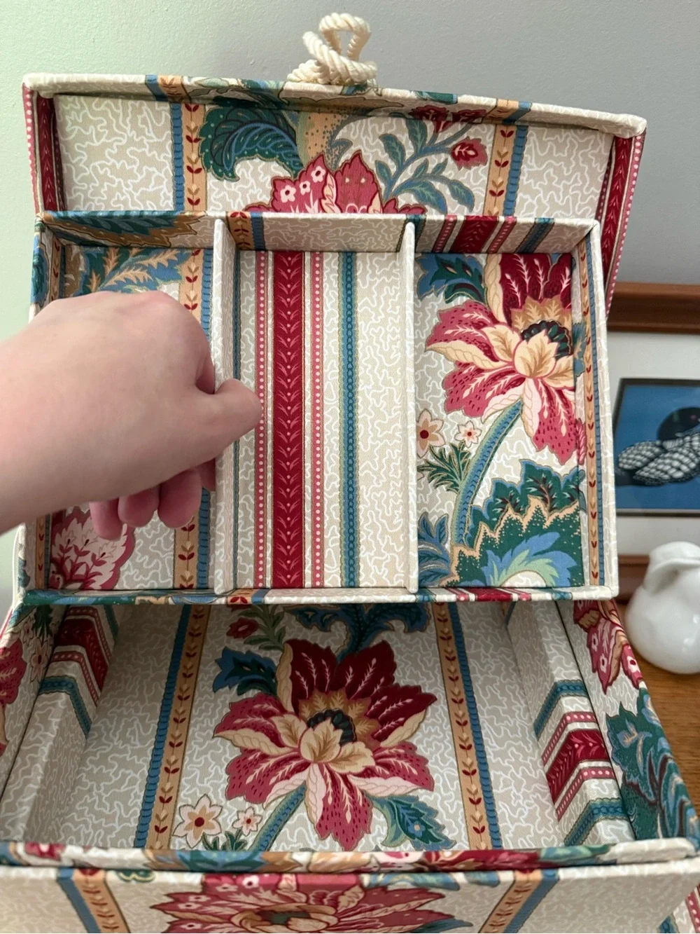Vintage Rosenthal Fabric covered jewelry boxes photo storage rope detail floral